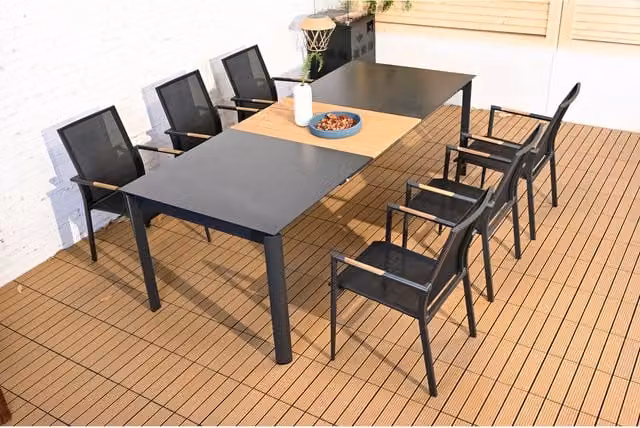Malay Salerno 7 Piece Modern Dining Set in Black with Teak and Powder Coated Aluminium
