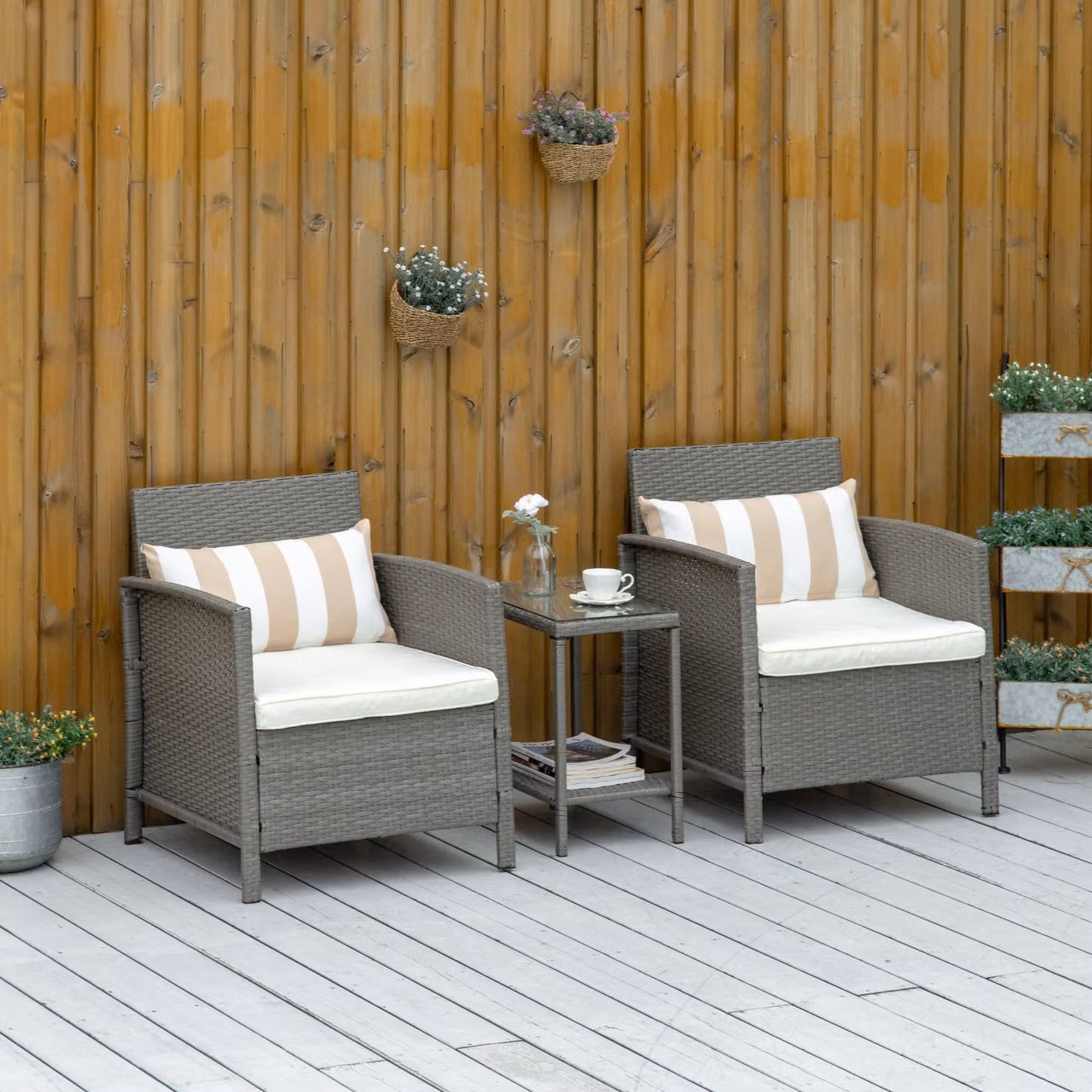 Outsunny 3 Piece Waterproof Rattan Garden Bistro Set with Striped Cushions in Grey – 2