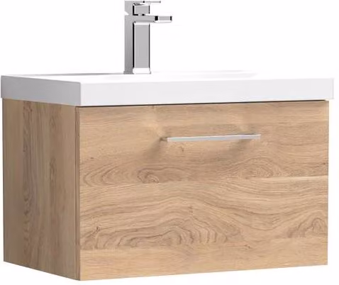 Balterley Contemporary Wall Hung Bathroom Vanity Unit with Soft-Close Drawer and Mid-Edge Ceramic Basin, Bleached Oak, W: 60.0 cm, D: 39.0 cm, H: 39.9 cm, Brown