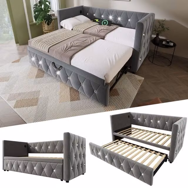 Matteo Grey Velvet Upholstered Single Bed with USB Charging Port and Lift Up Base, W/D/H: 90 x 190 cm