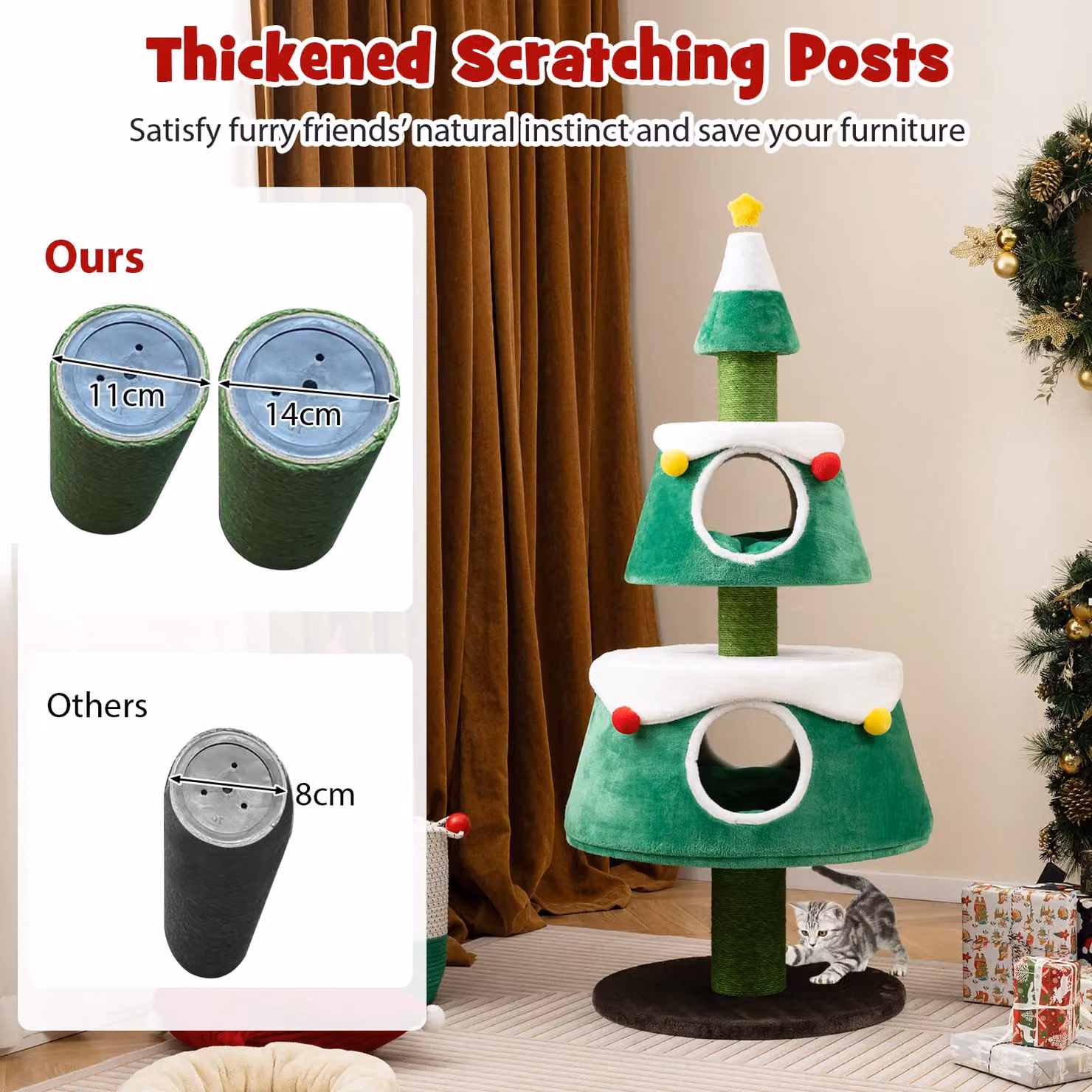 Costway Christmas Cat Tree with 2 Condos and Integrated Toys in Green – 5