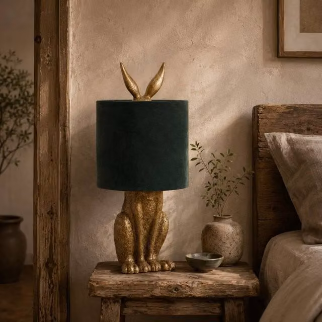 Wyld Haus Belves Antique Gold Hare Table Lamp with Green Velvet Shade – 1