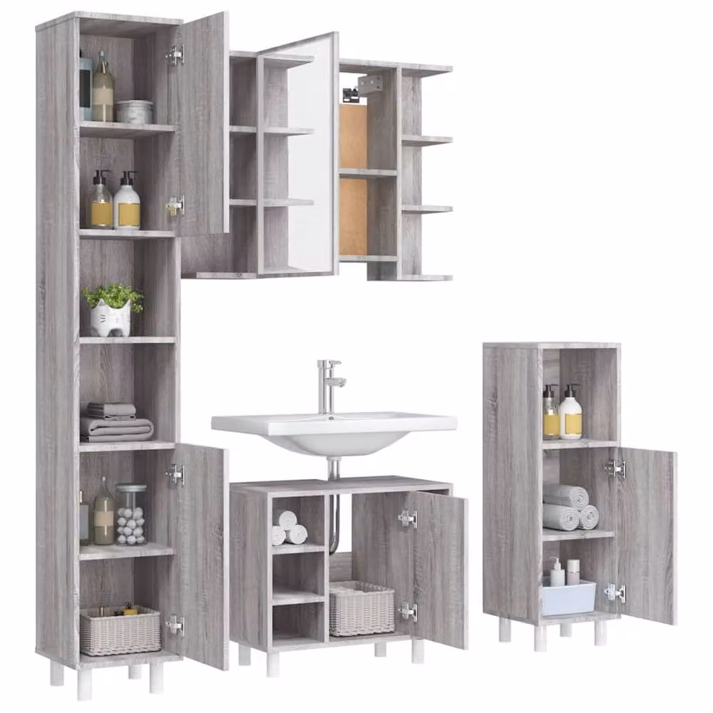 Berkfield Home 4 Piece Modern Grey Bathroom Cabinet Set with LED Lighting and Internal Shelves – 2