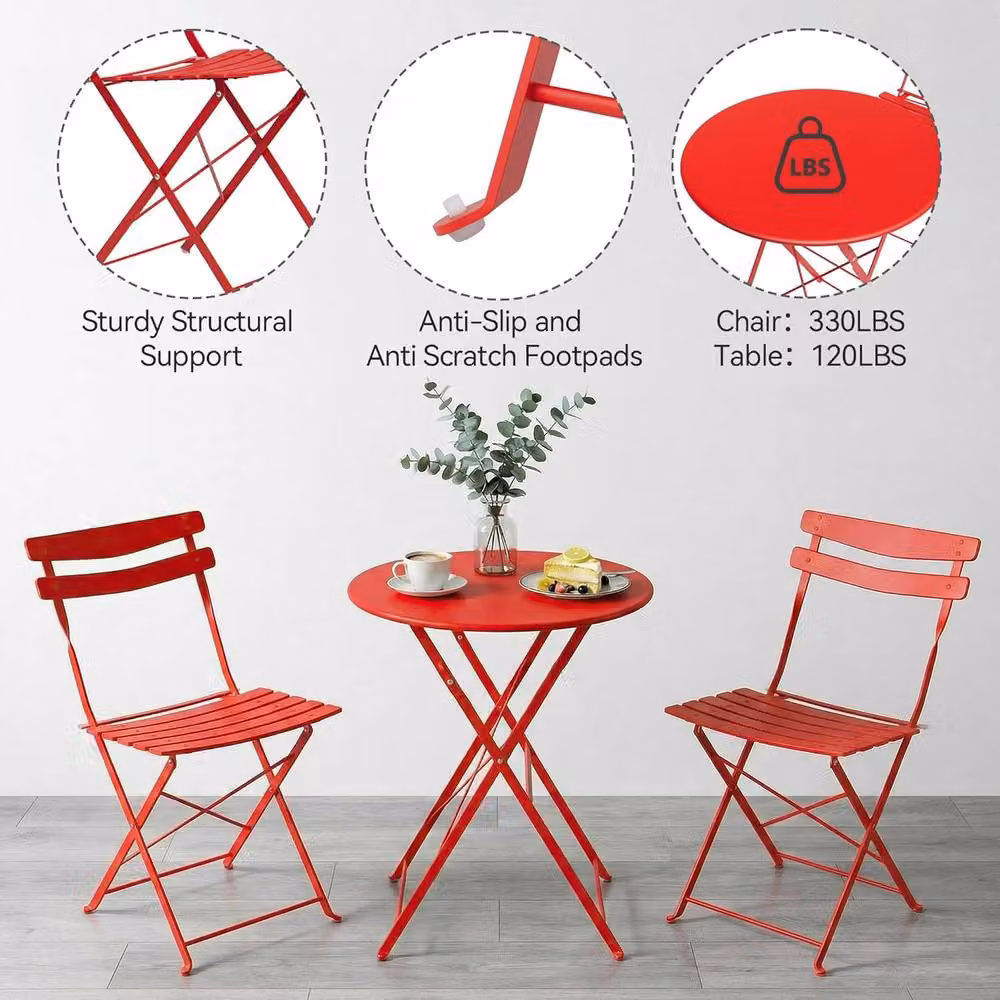 London Boutique Red 3-Piece Metal Bistro Set with Round Table and 2 Chairs for Garden, Terrace or Kitchen – 3