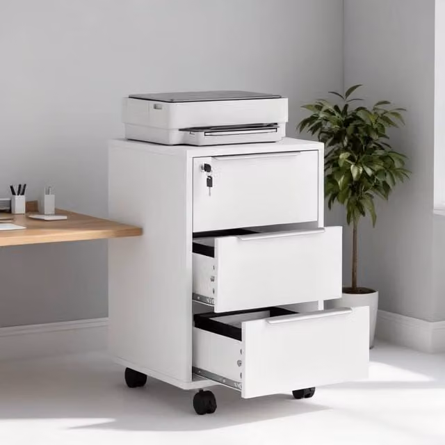 ERGOVEXA Three-Drawer Locking Filing Cabinet in White with Castors