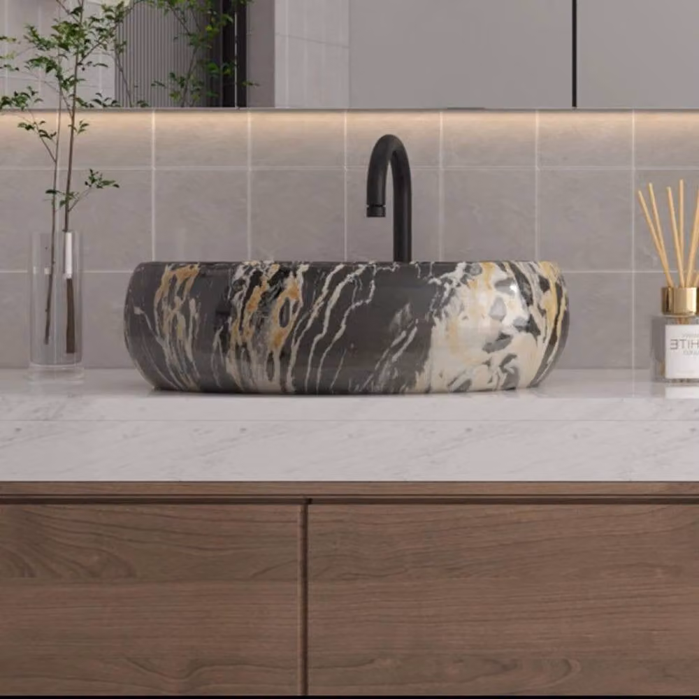 PAWNORA Black Marble Effect Ceramic Wash Basin W: 48.0 cm, D: 34.0 cm, H: 14.0 cm – 4