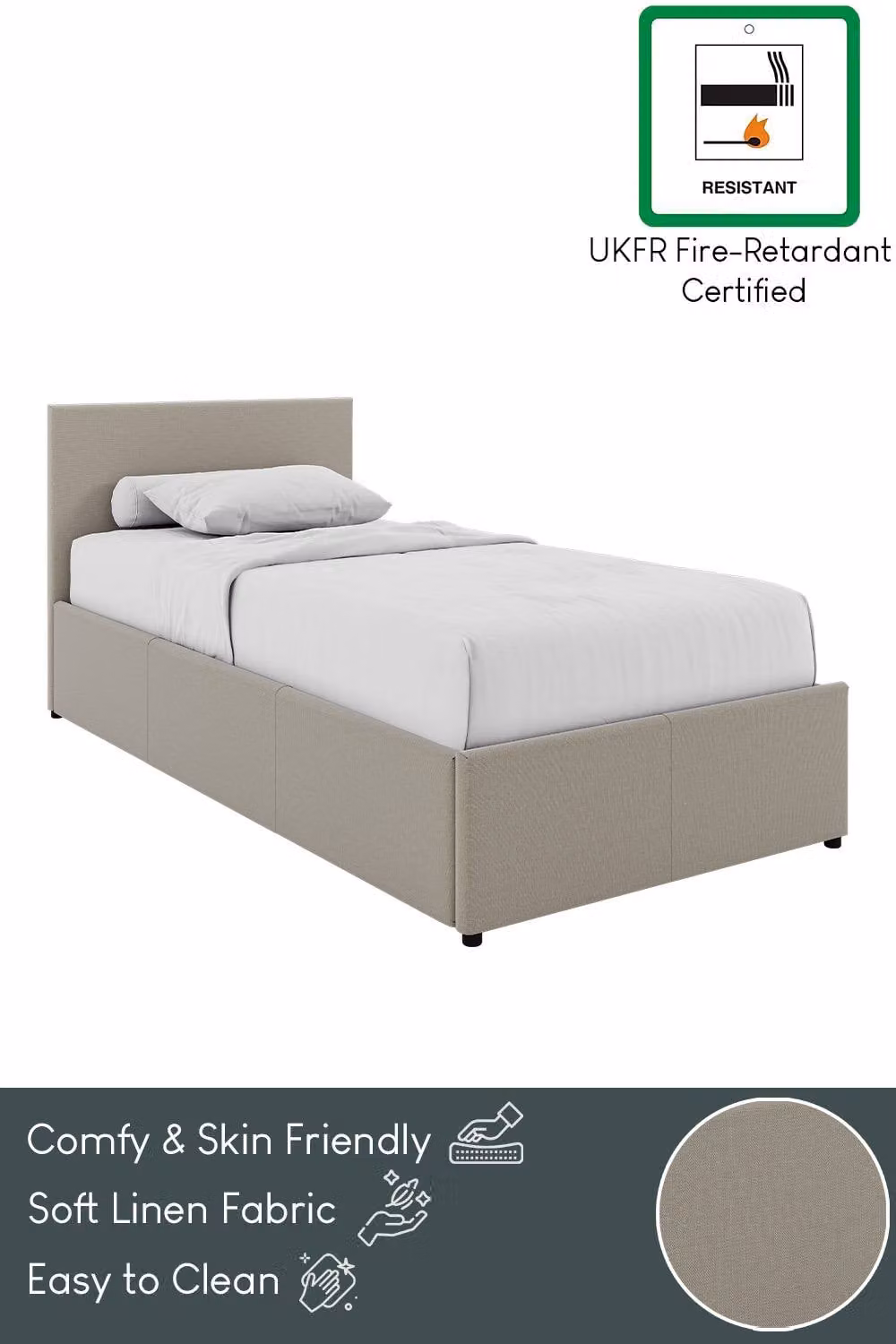 Vida Designs Veronica Single Ottoman Bed Frame with Storage in Beige Linen Fabric, W/D/H: 90 x 190 cm – 3