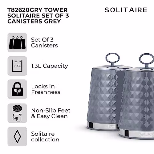 Tower Solitaire Set of 3 Airtight Grey Metal Storage Canisters – 2