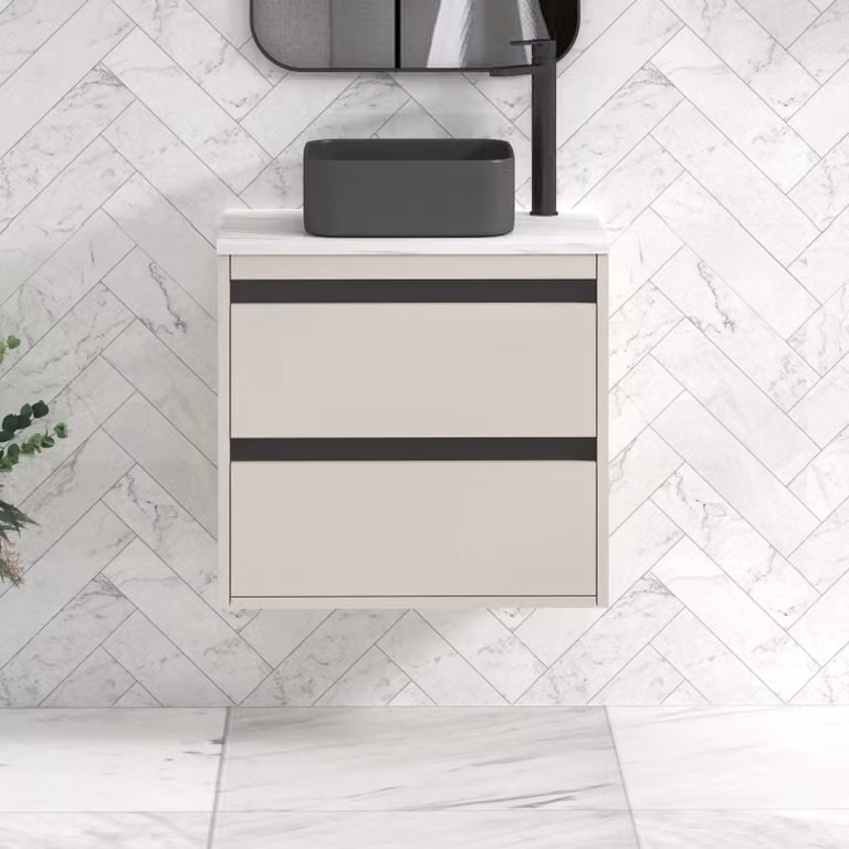 Royal Bathrooms Orion 600mm Warm Taupe Wall Hung Countertop Vanity Unit with 2 Drawers, Art Square Basin and Black Accent Trim