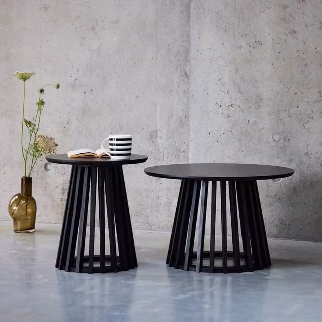 sweeek Pair of Round Black Wooden-effect Coffee Tables with Nested Tops