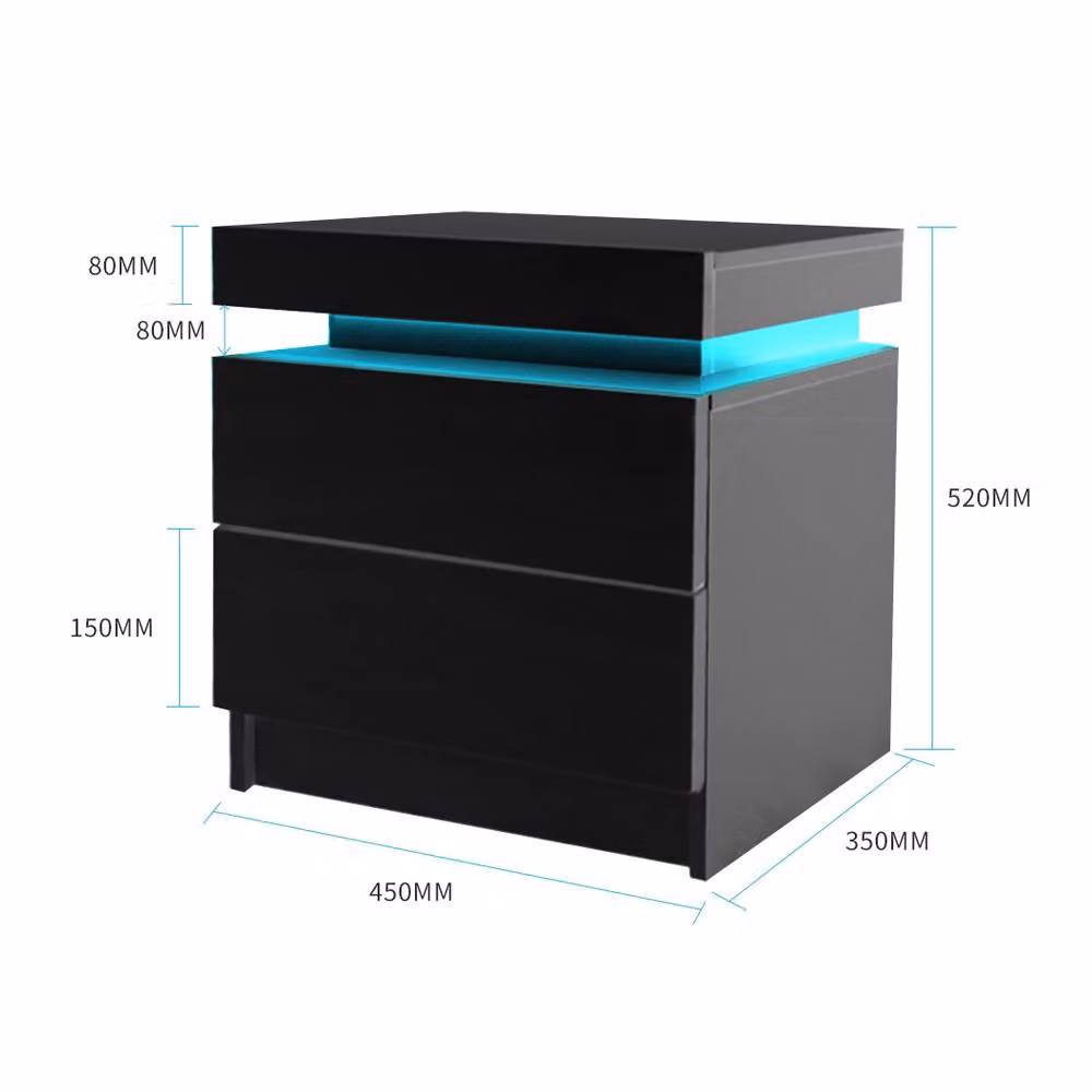 Levede Black High Gloss Bedside Table with 2 Drawers and Integrated RGB LED Lighting – 9