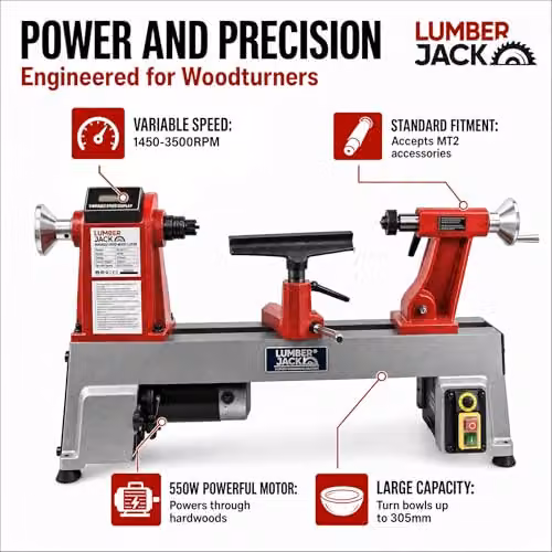 Lumberjack 550W Variable Speed Benchtop Mini Wood Lathe Machine in Red – 2