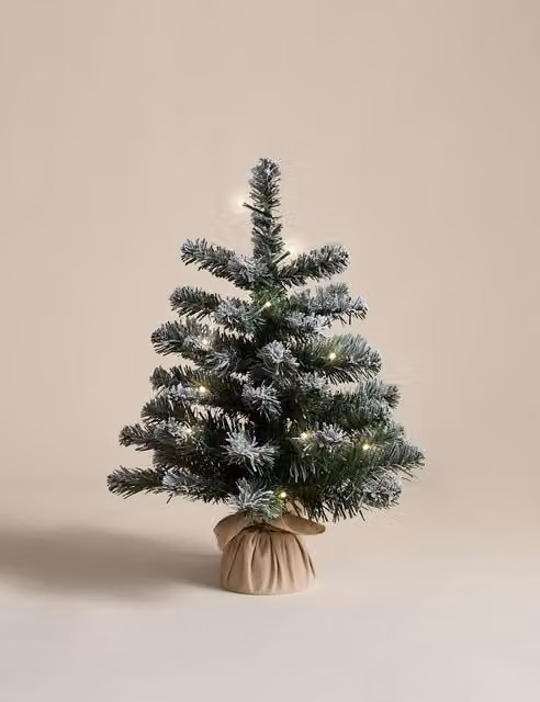 M&S Pre-Lit Snowy Christmas Tree in White and Green, Height: 45.72 cm