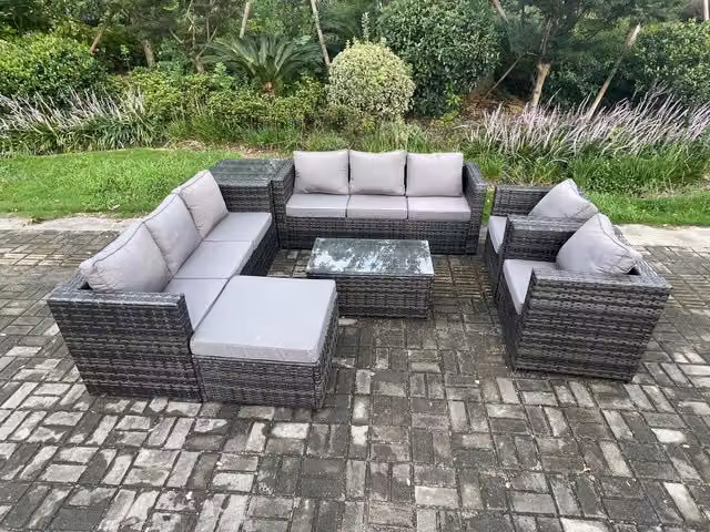 Fimous 9 Seater Grey Wicker Rattan Garden Furniture Set with U-Shape Lounge Sofa, Armchairs, Coffee Table and Ottoman – 1