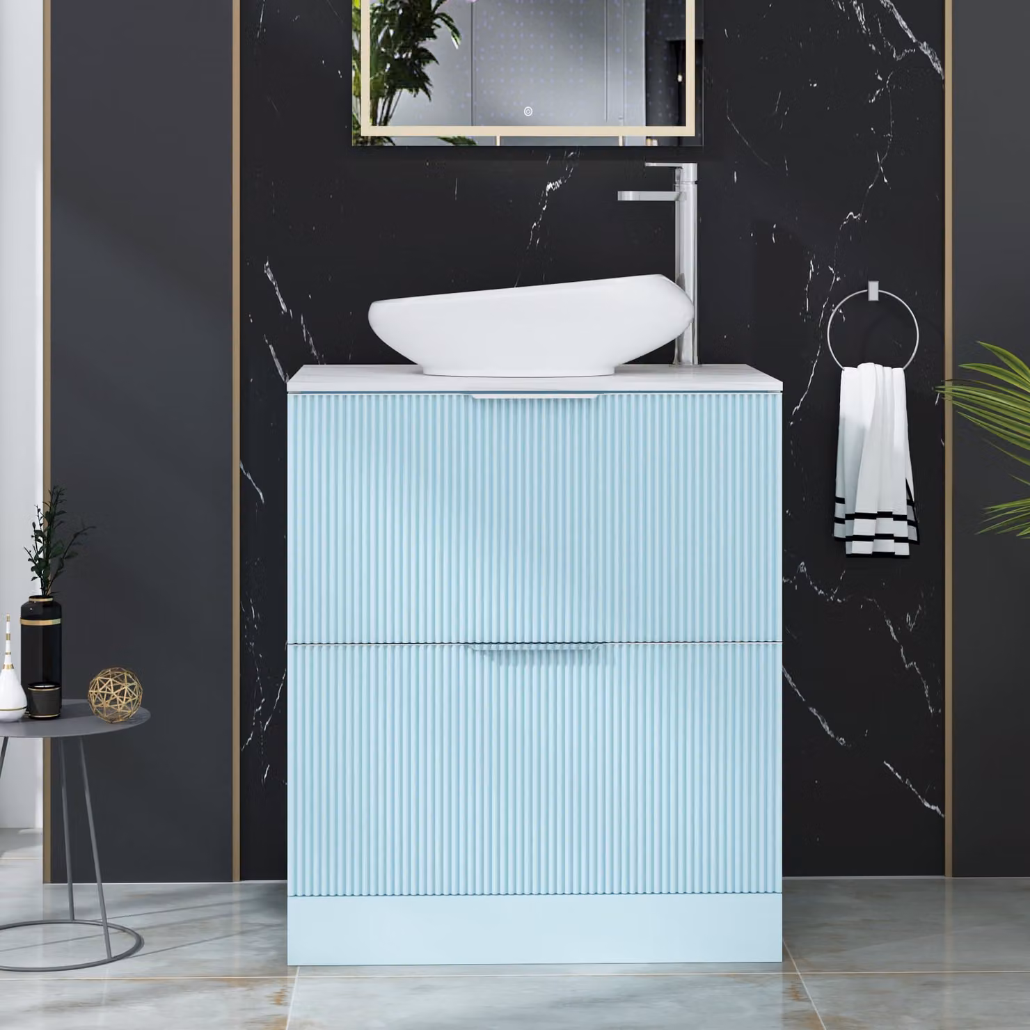 Royal Bathrooms Evora Powder Blue Fluted Floor Standing Countertop Vanity Unit with Nova Basin and 2 Drawers