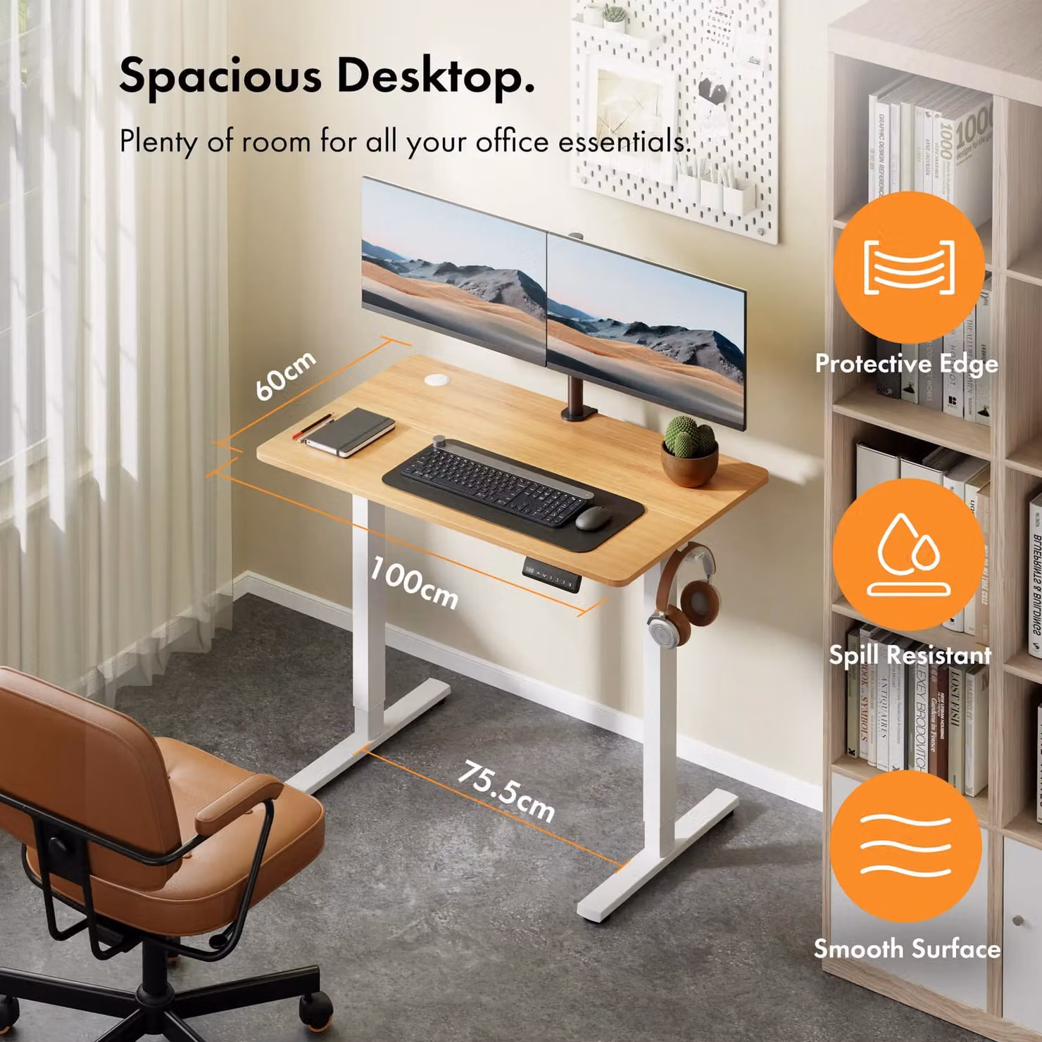 VonHaus Electric Height Adjustable Standing Desk in Brown with USB-C Charging, W/D/H: 118 x 60 x 72 cm to 118 x 60 x 100 cm – 2