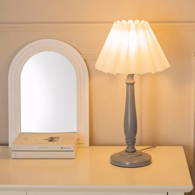 ValueLights Victoria Grey Wood Candlestick Stem Table Lamp with White Scallop Tapered Shade and LED Bulb Included