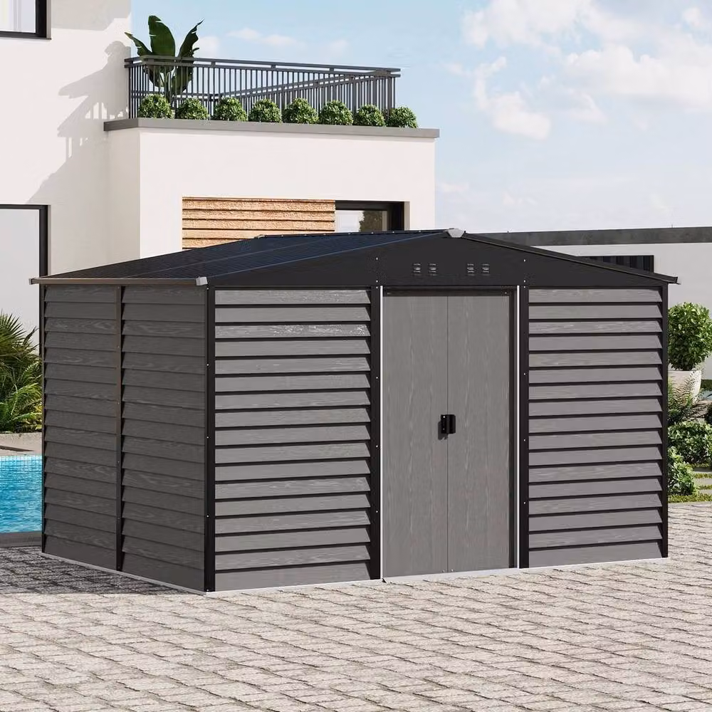 FORGEVIO Metal Garden Shed in Grey, Gable Roof Outdoor Storage, W: 365.76 cm, D: 240.0 cm, H: 190.0 cm – 2