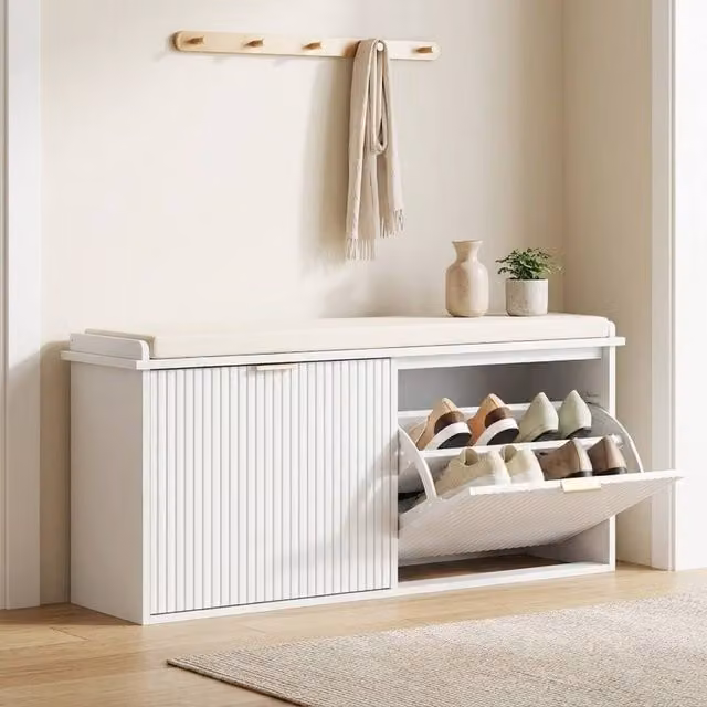 STILVORA Shoe Bench with 2 Flip Drawers and Padded Fabric Seat in White and Gold, W/D/H: 104 x 26 x 47.5 cm