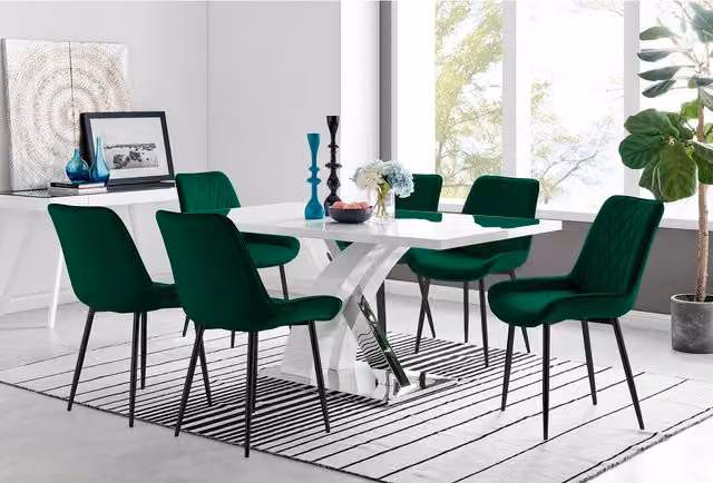 FurnitureboxUK Atlanta 6 White Rectangular Dining Table and 6 Pesaro Black Leg Chairs in Green
