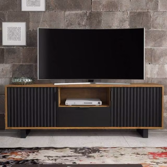 Creative Furniture Blackridge TV Unit in Dark Oak and Brown with Black Fluted Doors, W: 160 cm, H: 55 cm, D: 35 cm – 1