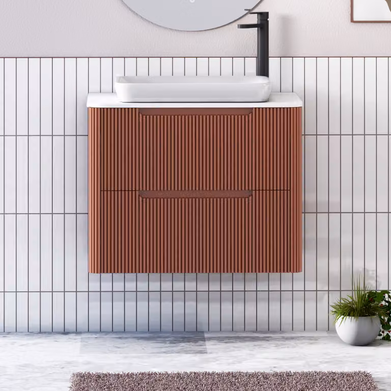 Royal Bathrooms Avenza 700mm Wall Hung Vanity Unit in Terracotta with 2 Drawers and Plain White Worktop with Qubix Basin