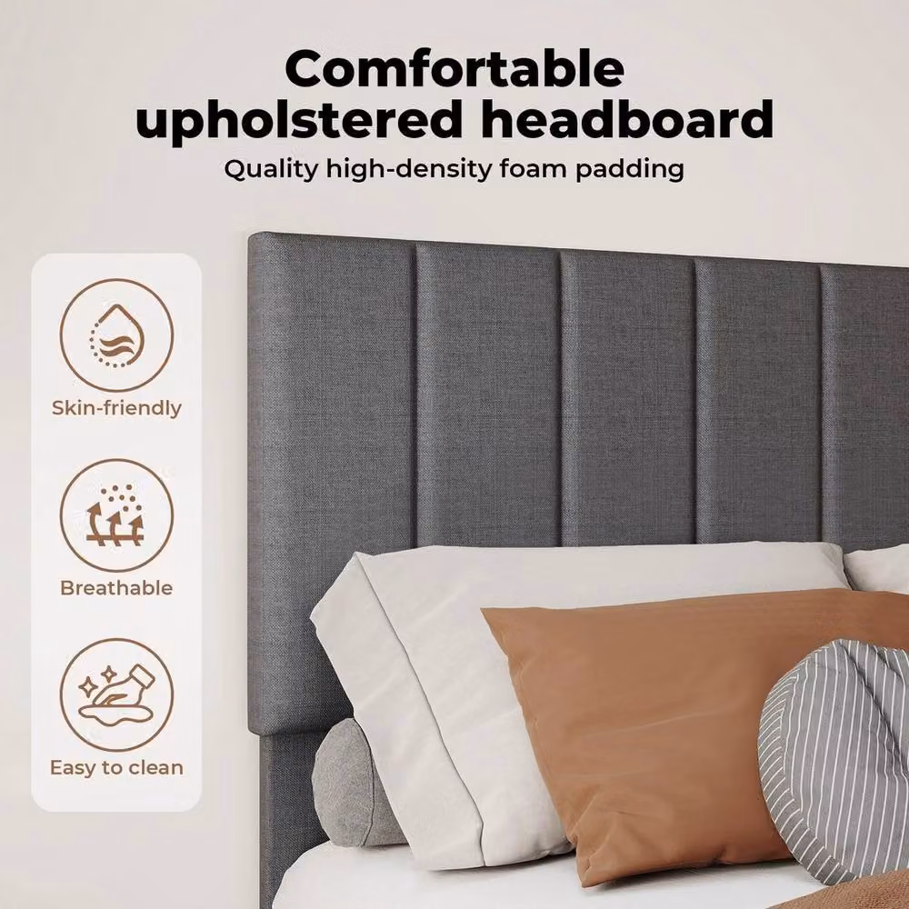 VOGREX Small Double Linen Upholstered Bed Frame in Grey, W: 120 cm, L: 200 cm – 5