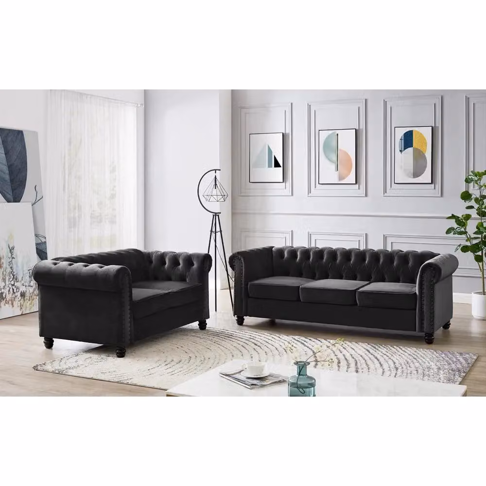 Home Detail Chester 3 Seater Black Velvet Chesterfield Sofa – 4