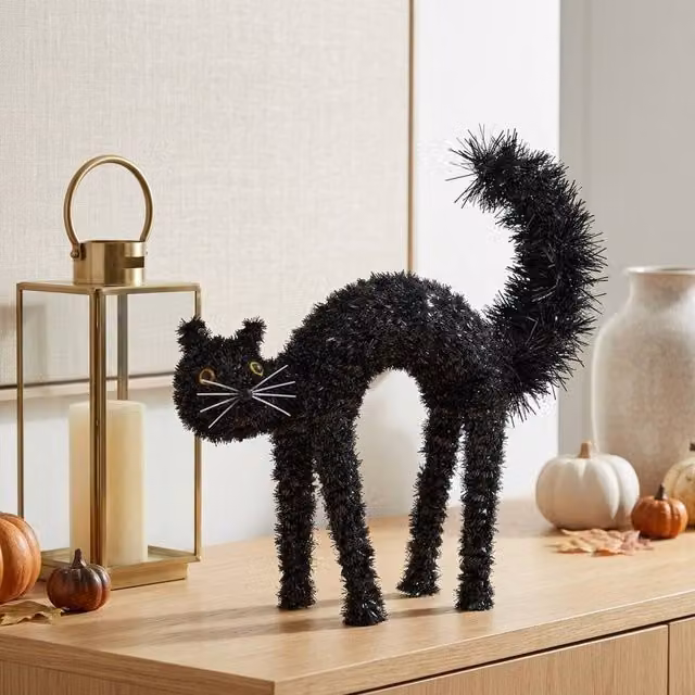 Garden Greatness Spooky Sparkling Tinsel Cat Halloween Decoration in Black and Multicolour