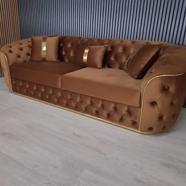 Stratus Interiors Ambassador Chesterfield Sofa in Terracotta Velvet with Gold Trim – 1