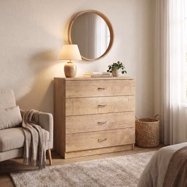 FWStyle Modern 4 Drawer Chest of Drawers in Brown Oak Finish