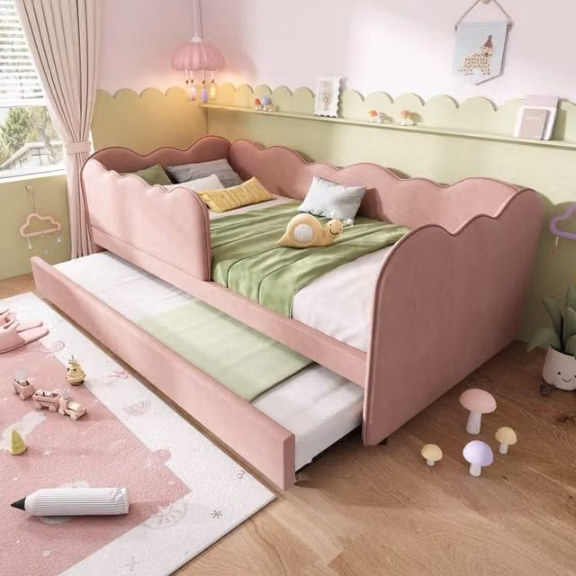 STILVORA Pink Velvet Single Daybed with Pull-Out Trundle, W/D/H: 90 x 190 cm – 1