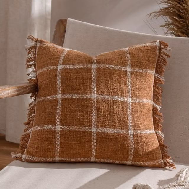 Yard Beni Checked Cotton Fringed Cushion in Orange and Beige, W/D/H: 45 x 45 x 45 cm – 3