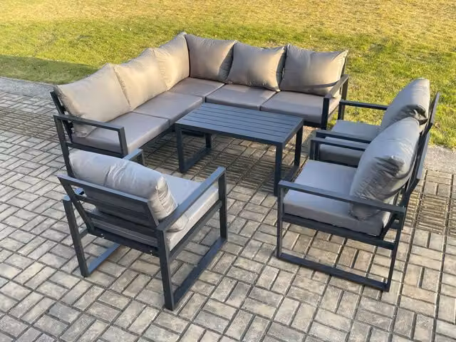 Fimous 8 Seater L-Shape Aluminium Outdoor Garden Furniture Set in Dark Grey with Coffee Table and Weather Resistant Cushions