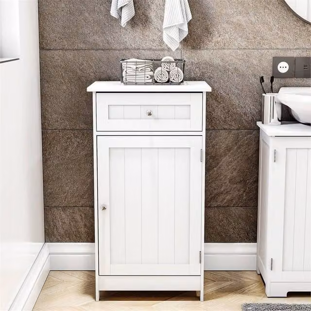 FORGEVIO White Minimalist Freestanding Bathroom Storage Cabinet with 1 Door and 1 Drawer – 1