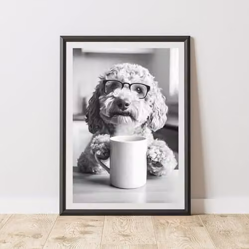 60 Second Makeover Funny Labradoodle Drinking Coffee Illustration Paper Poster, Multicolour, A4