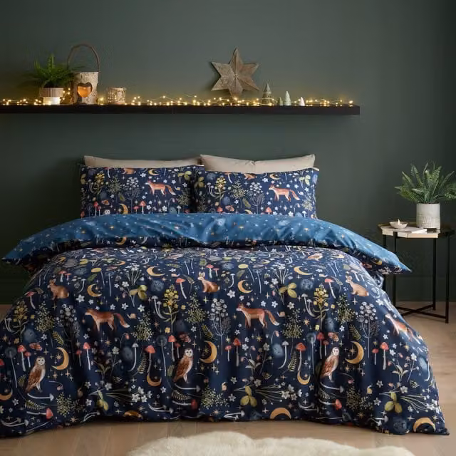 Catherine Lansfield Enchanted Twilight Animals Reversible Duvet Cover and Pillowcase Set, Navy Blue, W/D/H: 180 x 200 cm