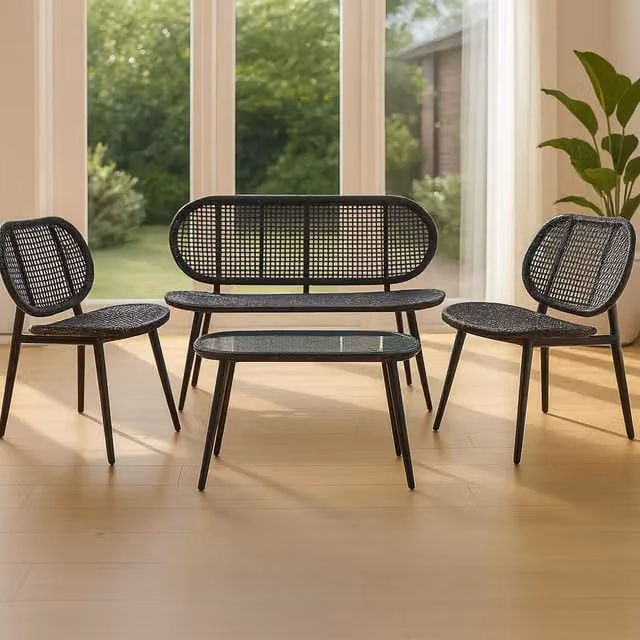 Homerepublic 4 Piece Modern Rattan Garden Furniture Set in Black