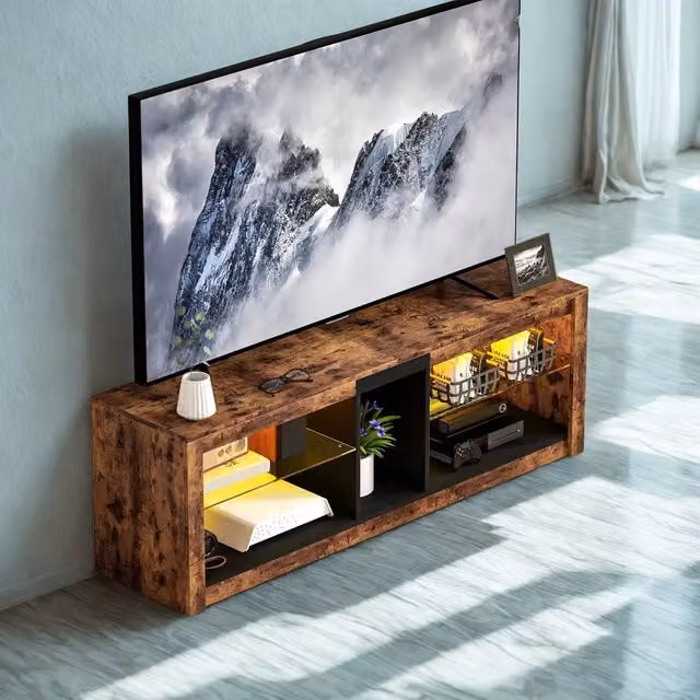 FURNOS Industrial TV Stand Unit with Integrated LED Lights and Storage Shelves in Brown, W/D/H: 140 x 35 x 47 cm