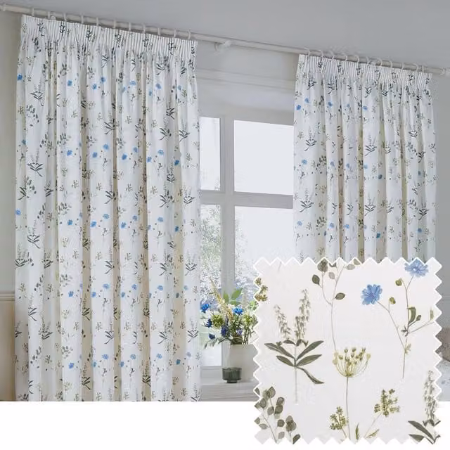 Wylder Meadow White Floral 100% Cotton Pencil Pleat Curtain Pair, Width: 229 cm, Drop: 229 cm