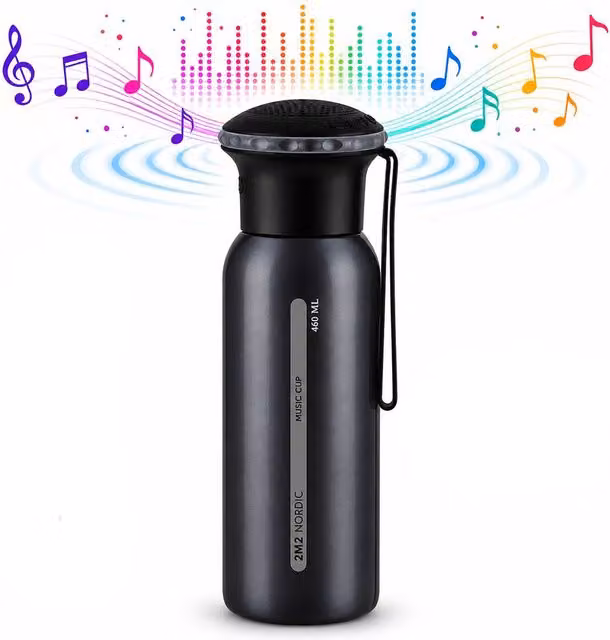 Simpa Black Stainless Steel Thermos Water Bottle with Bluetooth Speaker, 460ml – 1