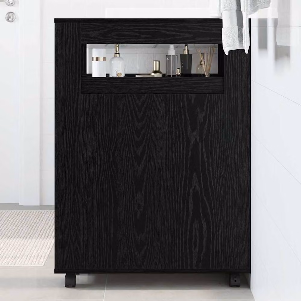 Berkfield Home Narrow Freestanding Bathroom Cabinet with Wheels in Black Oak Matt Engineered Wood – 2