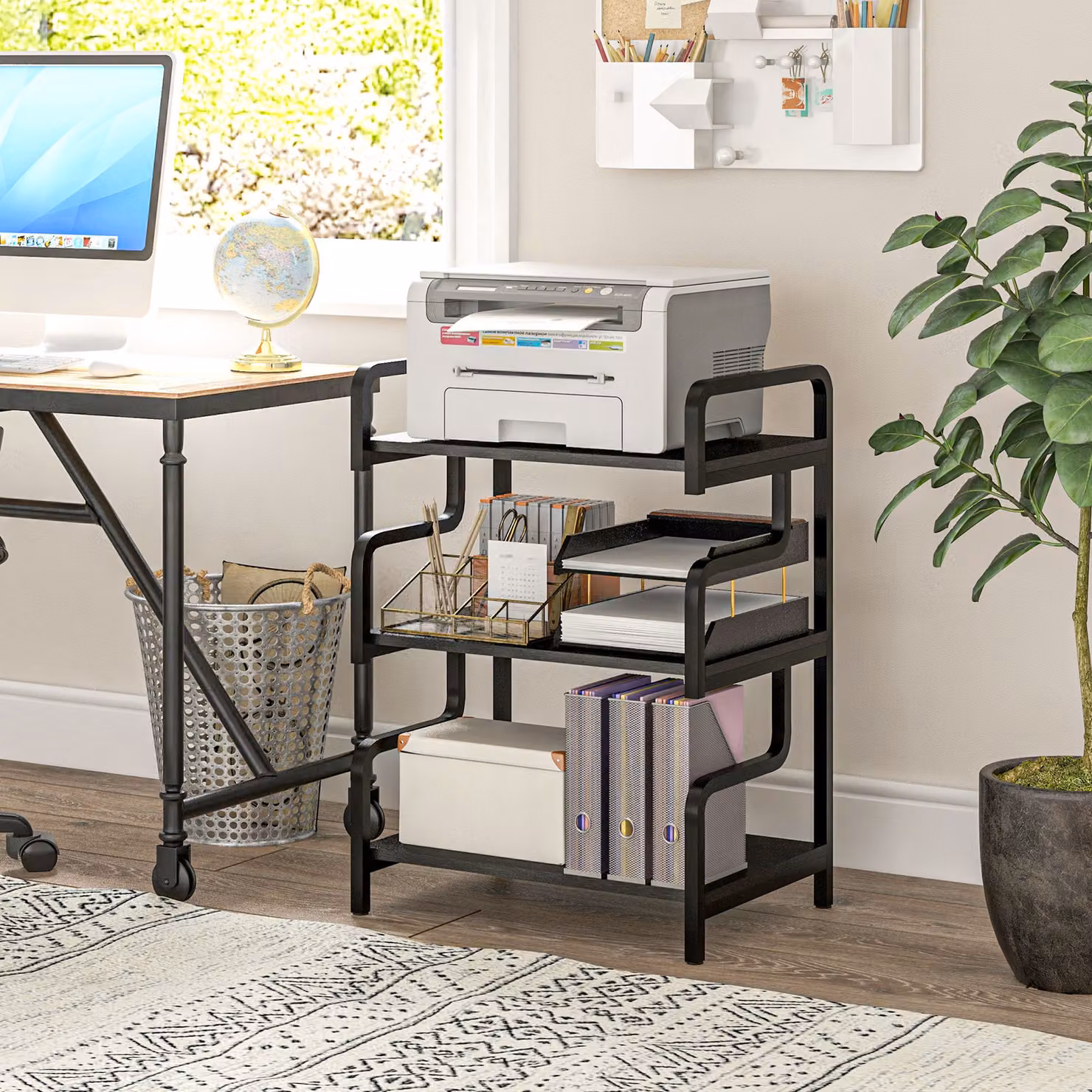 HOMCOM 3-Tier Industrial Metal and MDF Storage Shelves and Printer Table in Black – 2