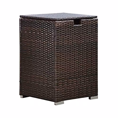Teamson Home Rattan Outdoor Fire Pit Gas Bottle Storage Table with Lid in Brown and Grey – 2