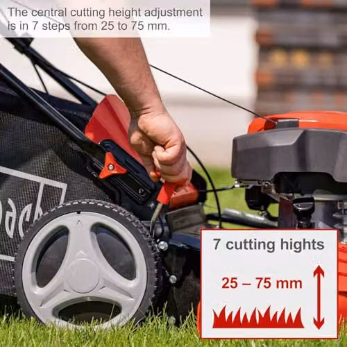 Scheppach MS225-53 Self-Propelled Petrol Lawn Mower with 224cc 6HP Engine, 53cm Cutting Width, 25–75mm Cutting Height and 65L Collection Bag in Black and Red – 4