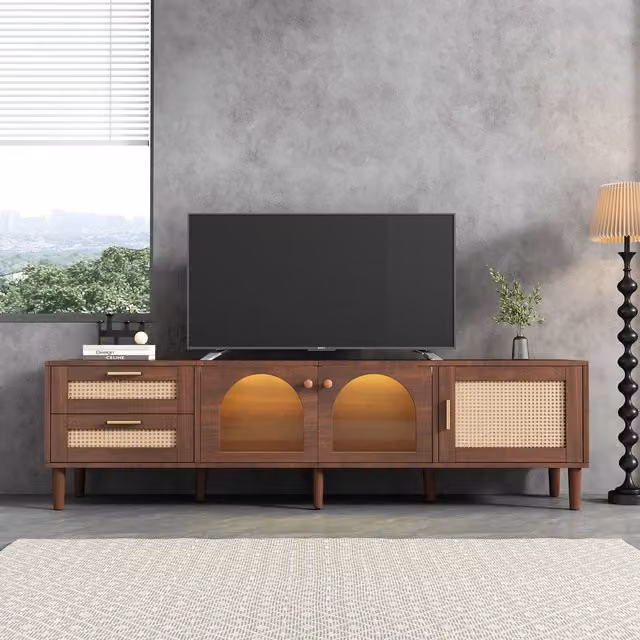 Aosom.UK Brown Wooden TV Stand for 80-Inch TVs with Curved Rattan Drawers, Glass Doors and LED Lighting, W/D/H: 180 x 40 x 50 cm – 1