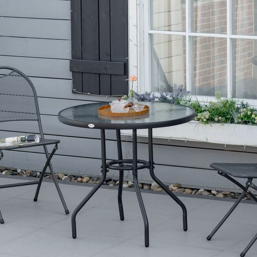 ERGOVEXA Round Glass Garden Dining Table with Parasol Hole, Black, Diameter: 80 cm, Height: 72 cm – 3