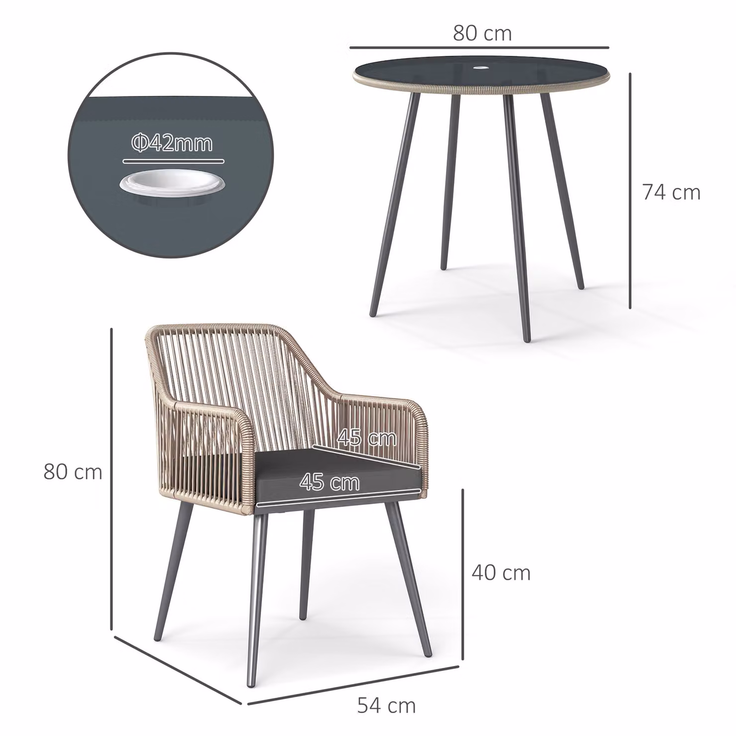 Outsunny 4 Seater Rattan Dining Set with Round Glass Top Table and Cushions in Light Brown – 2