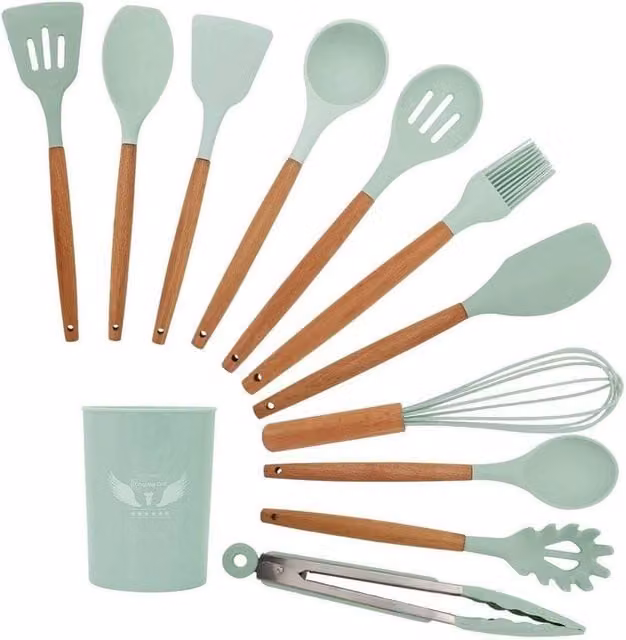 EONLION 11-Piece Green Silicone and Wood Heat Resistant Kitchen Cooking Utensils Set
