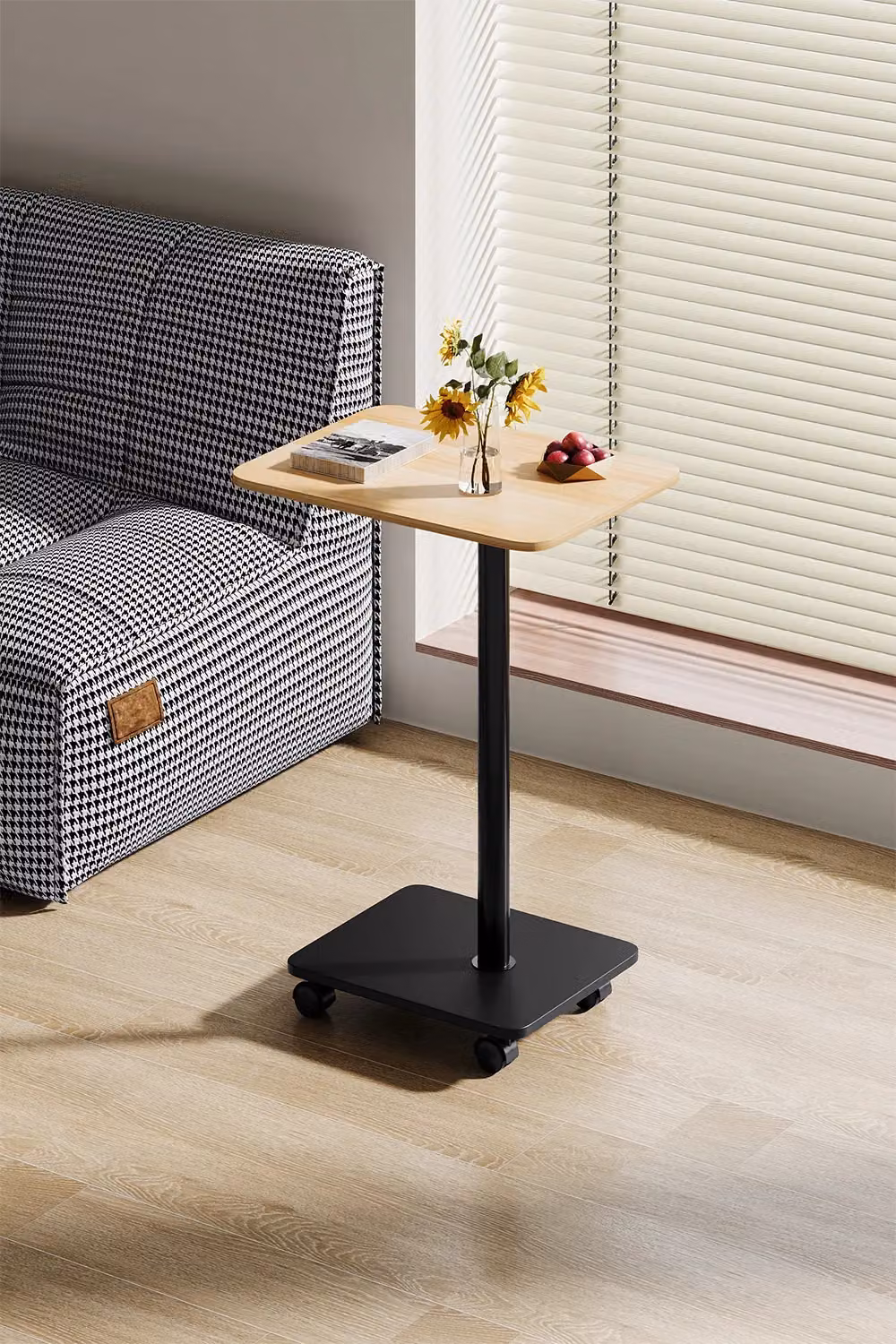 Living and Home Modern Minimalist C Shaped Side Table with Lockable Castors in Brown Light Oak – 5